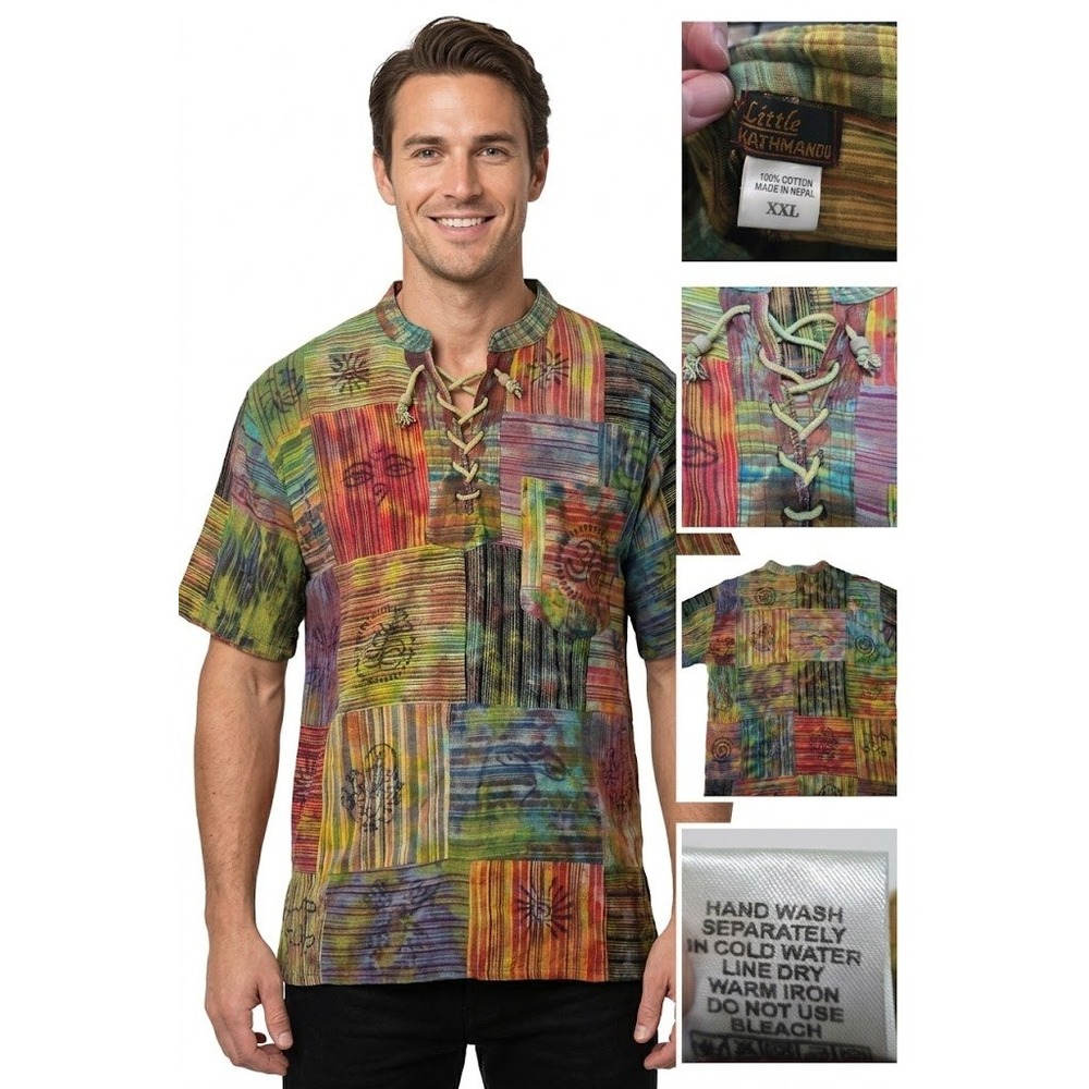 Little Kathmandu Shirt Mens XXL Patchwork Boho Hippie Festival Lace Up Nepal